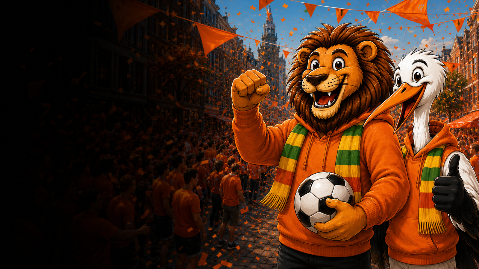 Oranje leeuw en Haagse ooievaar bij een levendige Haagse straatmarkt